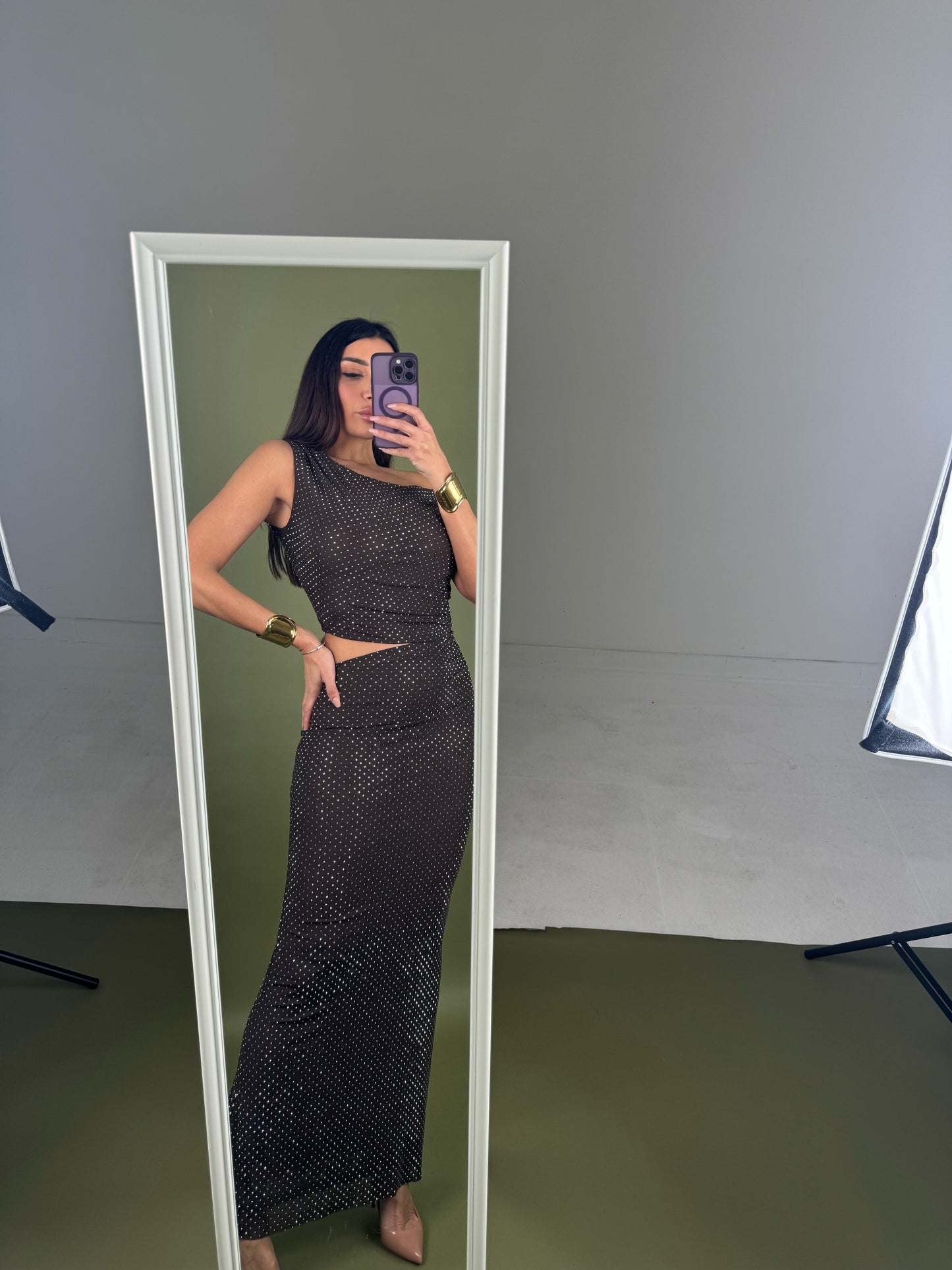 Abito cut out lungo strass