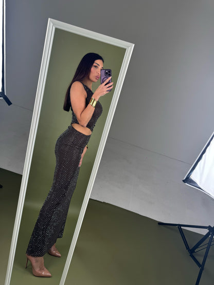 Abito cut out lungo strass