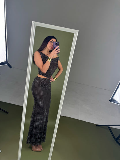 Abito cut out lungo strass