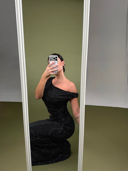 Abito cut out lungo strass