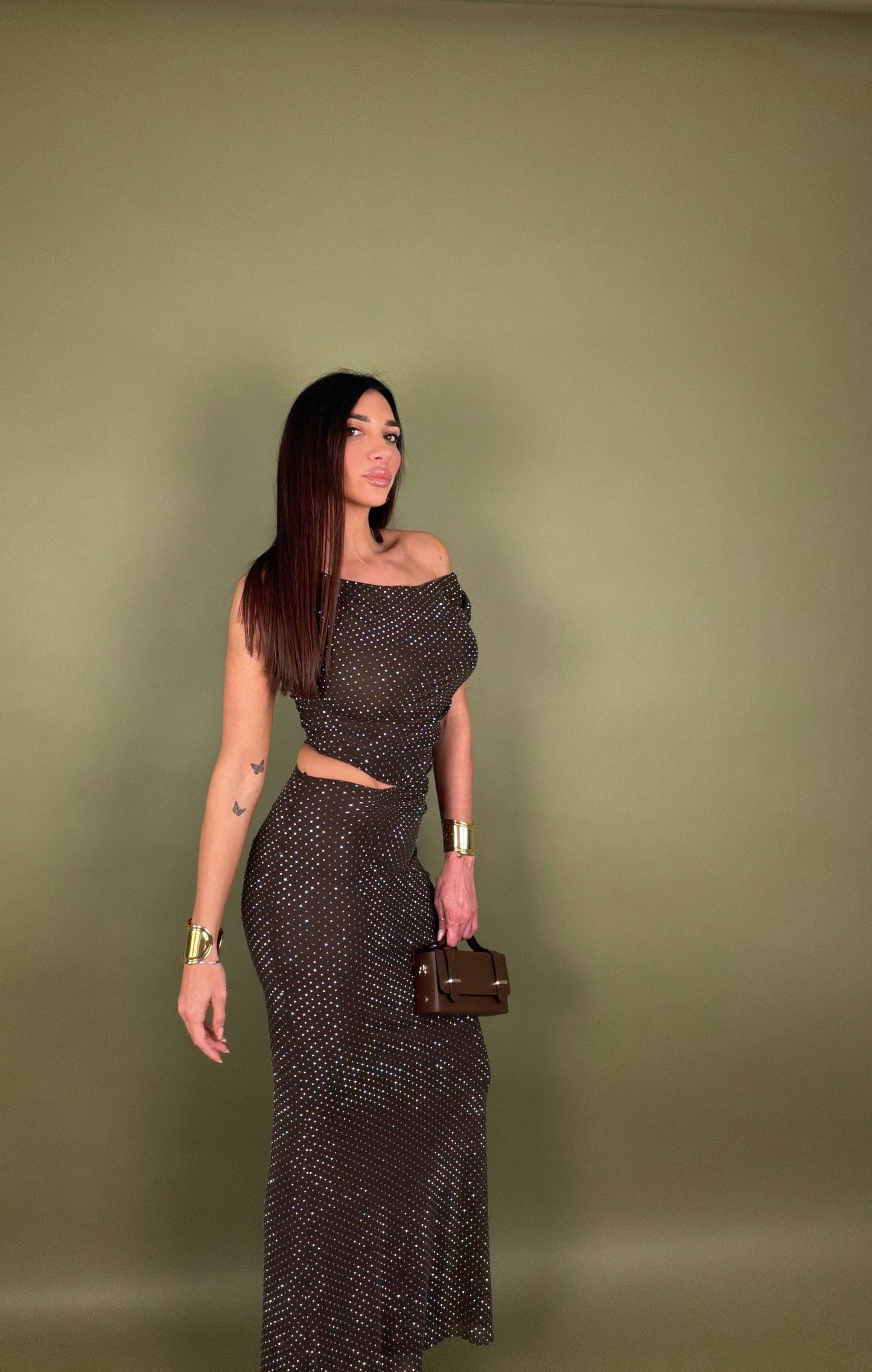 Abito cut out lungo strass