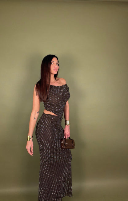 Abito cut out lungo strass