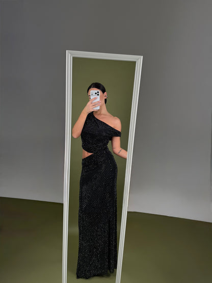Abito cut out lungo strass