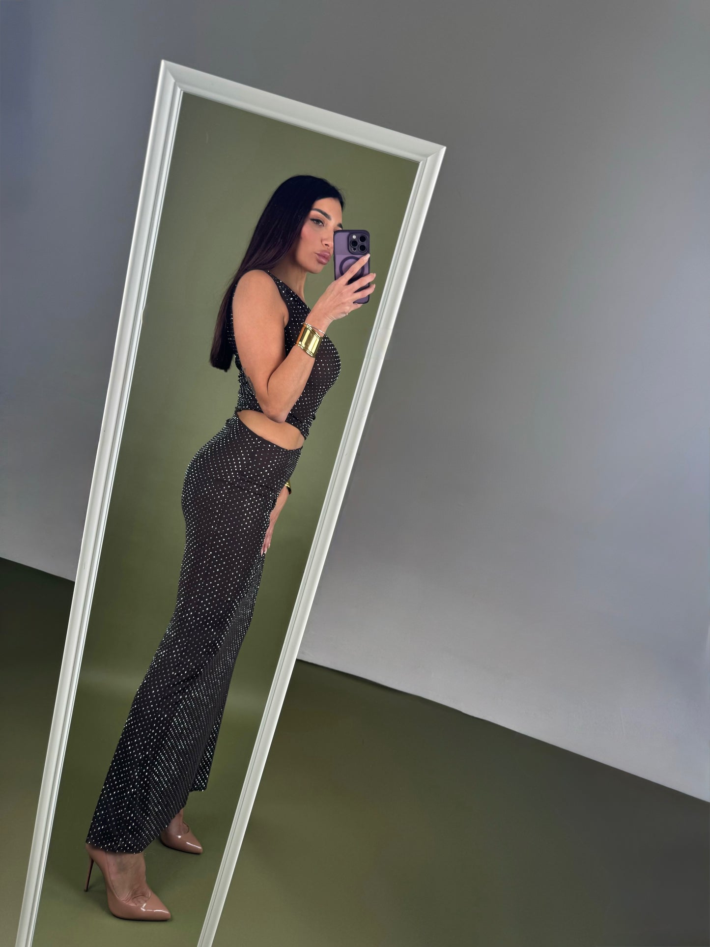 Abito cut out lungo strass