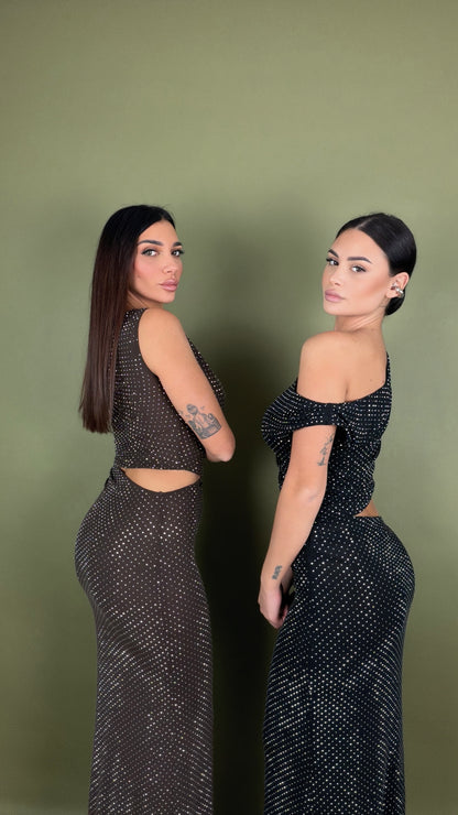 Abito cut out lungo strass