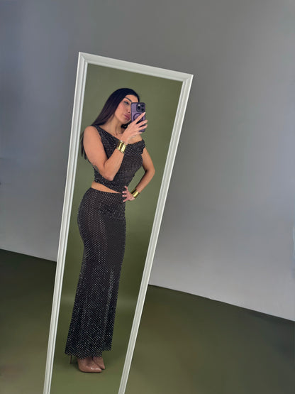 Abito cut out lungo strass