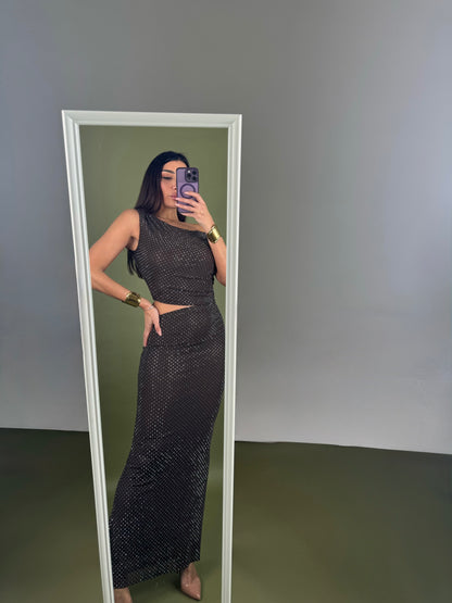 Abito cut out lungo strass